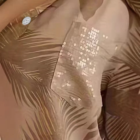 Long-sleeve Printed Sequin-pocket Blouse