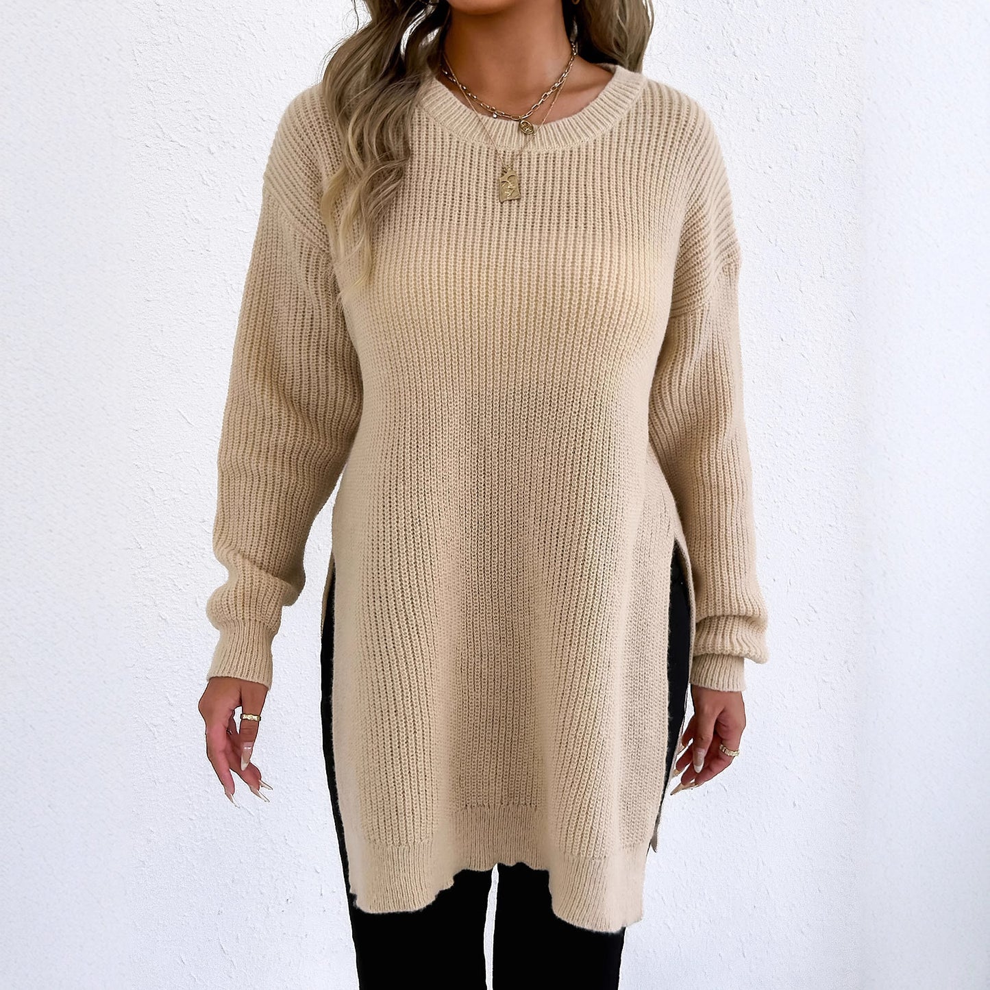 Crew-neck Pullover Slit Sweater
