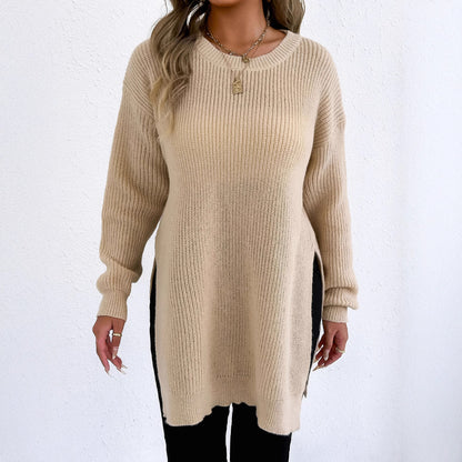 Crew-neck Pullover Slit Sweater