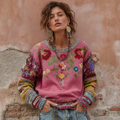 Printed Patchwork Crew-Neck Top