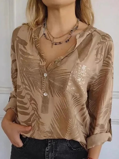 Long-sleeve Printed Sequin-pocket Blouse
