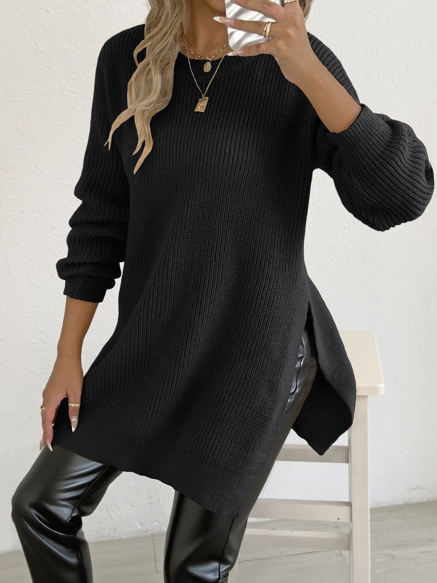 Crew-neck Pullover Slit Sweater