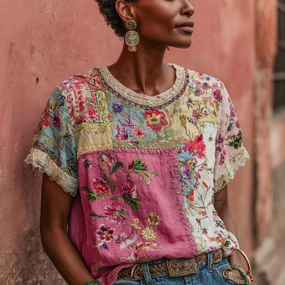 Printed Patchwork Crew-Neck Top