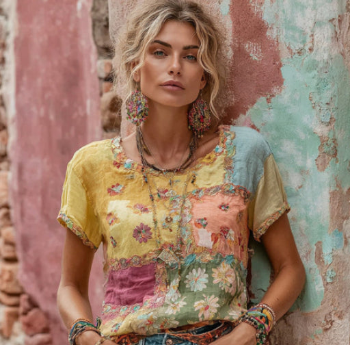 Printed Patchwork Crew-Neck Top