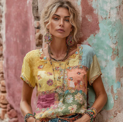 Printed Patchwork Crew-Neck Top