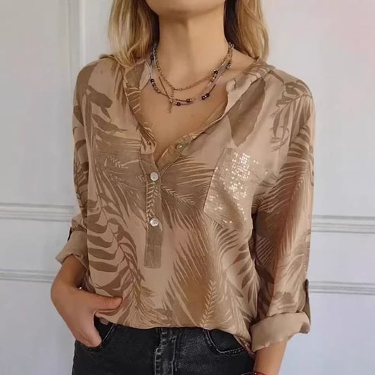 Long-sleeve Printed Sequin-pocket Blouse