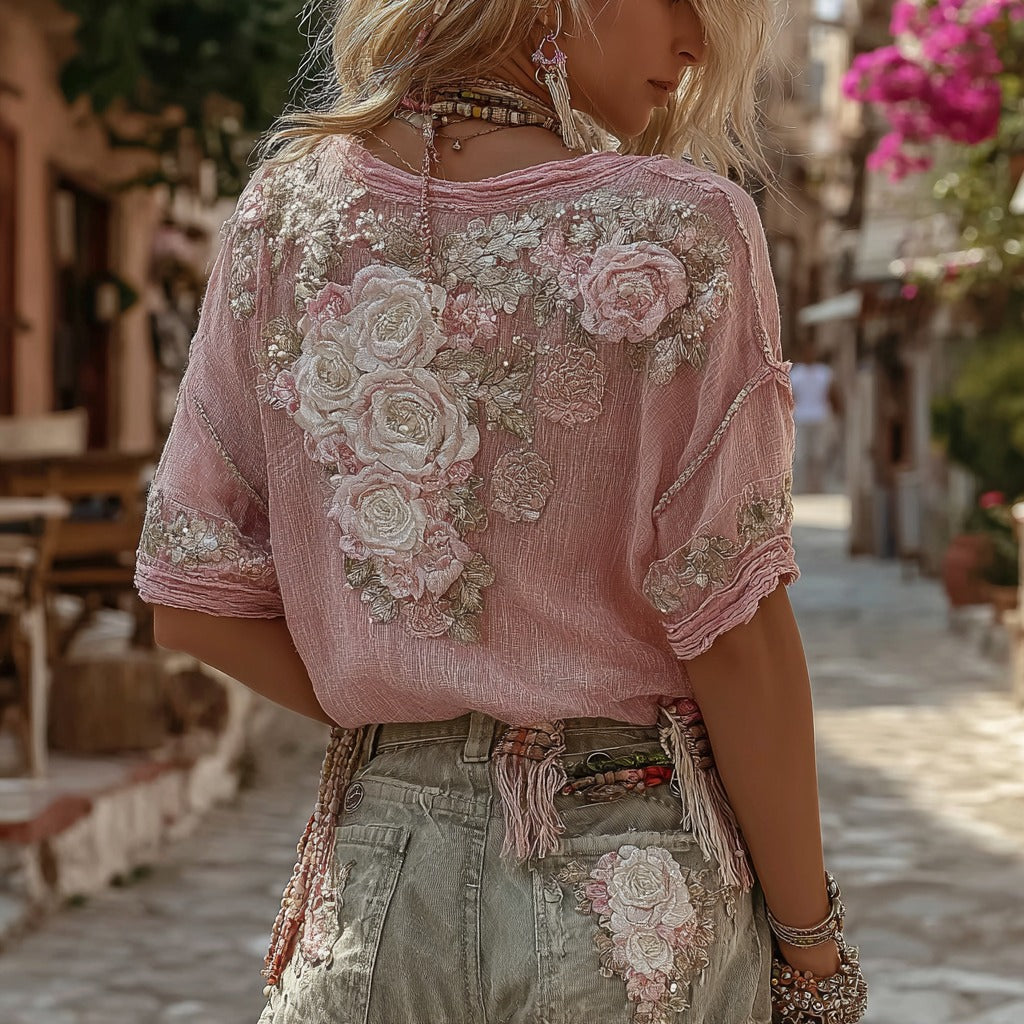 Printed Patchwork Crew-Neck Top