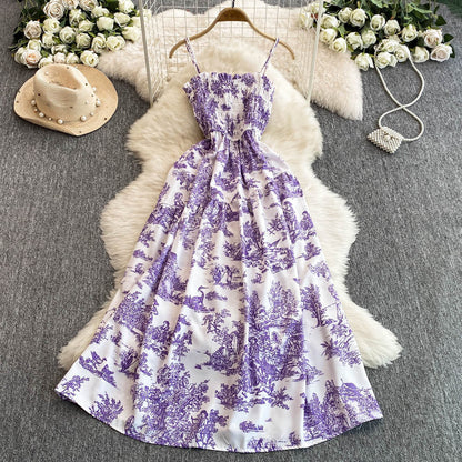 Womens Retro Chiffon Printed Backless Slip Dress