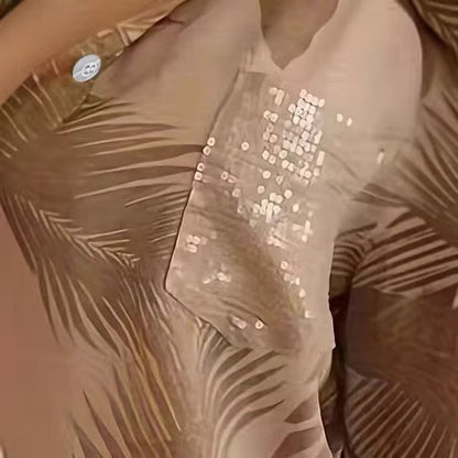 Long-sleeve Printed Sequin-pocket Blouse