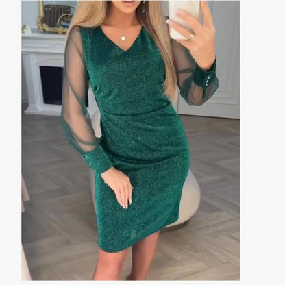 Womens V-neck Bodycon Sexy Mesh Dress