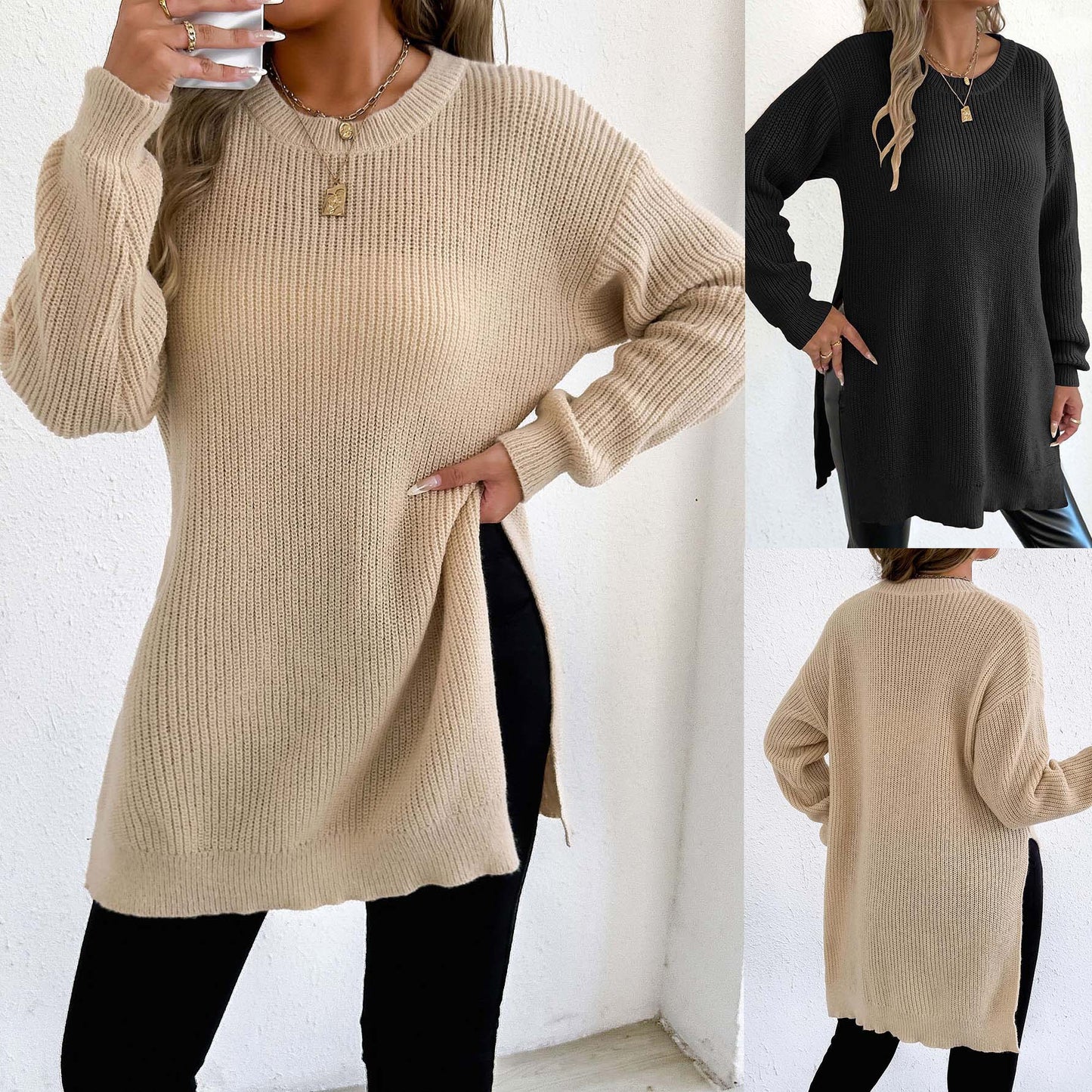 Crew-neck Pullover Slit Sweater