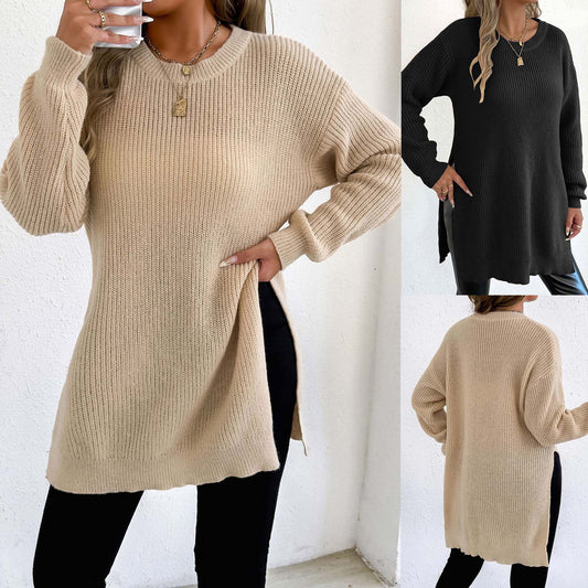Crew-neck Pullover Slit Sweater