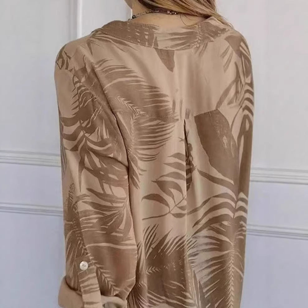 Long-sleeve Printed Sequin-pocket Blouse