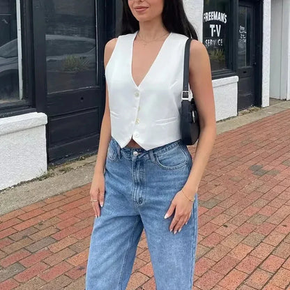 Sleeveless V-Neck Button Vest