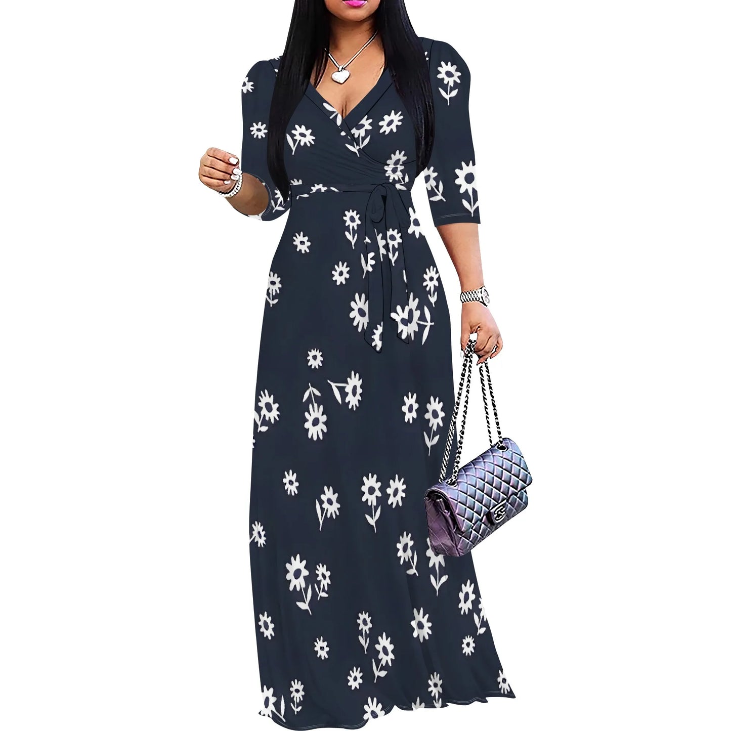 Plus Size Blue Floral Print Maxi Dress