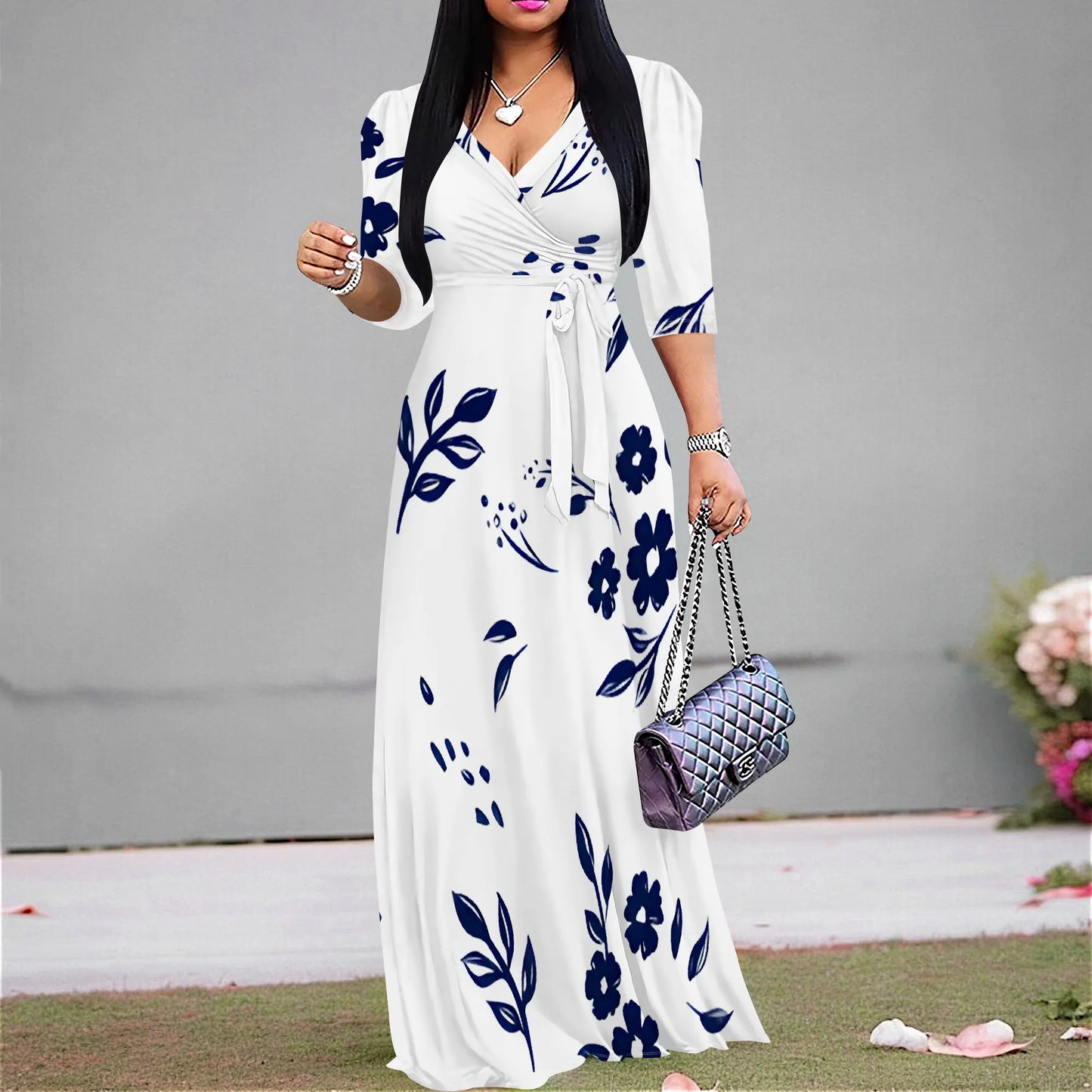 Plus Size Blue Floral Print Maxi Dress