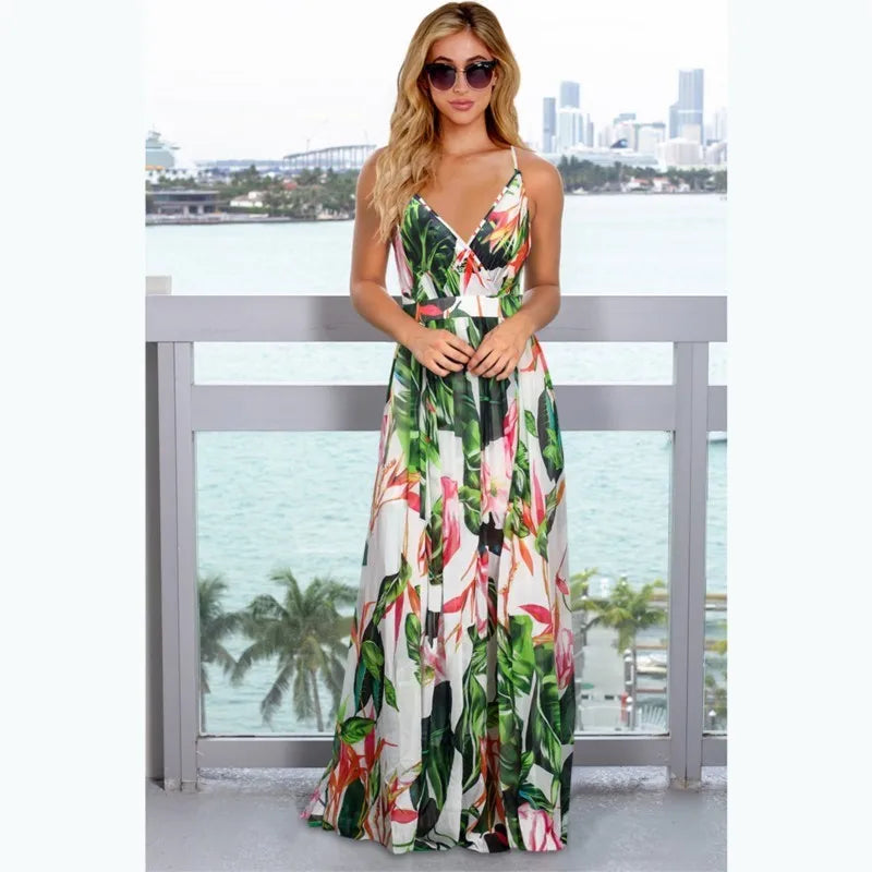 Tropical Floral Backless Maxi Dress