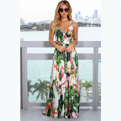 Tropical Floral Backless Maxi Dress
