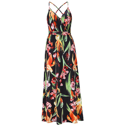 Tropical Floral Backless Maxi Dress