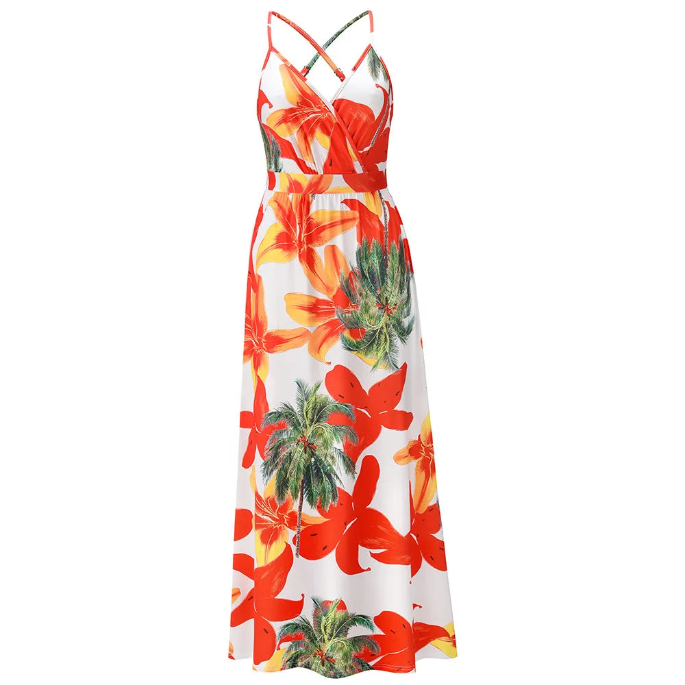 Tropical Floral Backless Maxi Dress