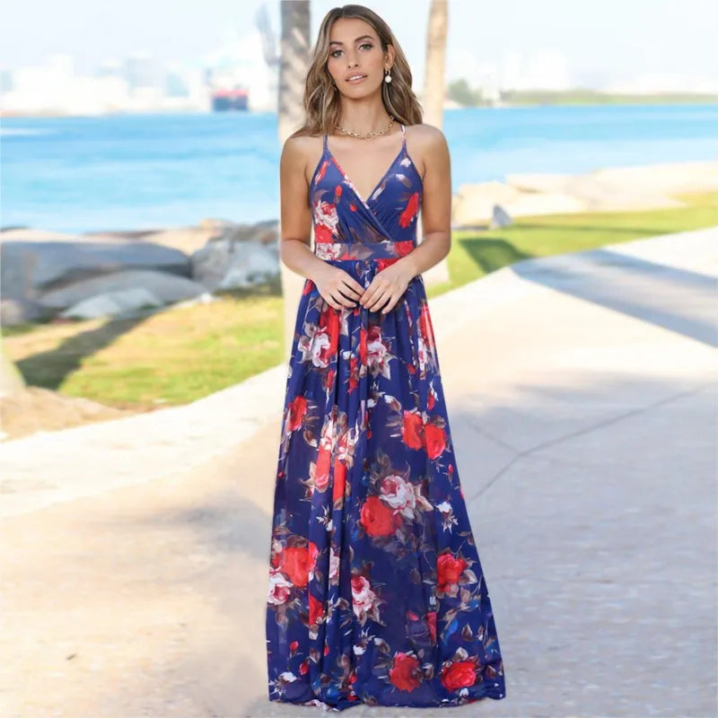 Tropical Floral Backless Maxi Dress