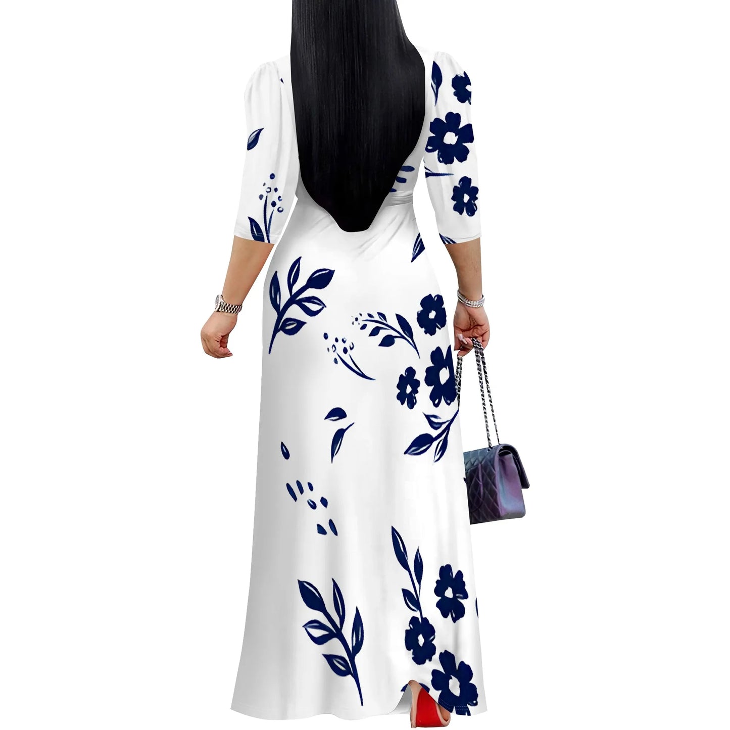 Plus Size Blue Floral Print Maxi Dress