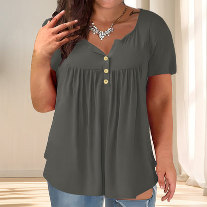 Solid-color Button-up Loose T-shirt