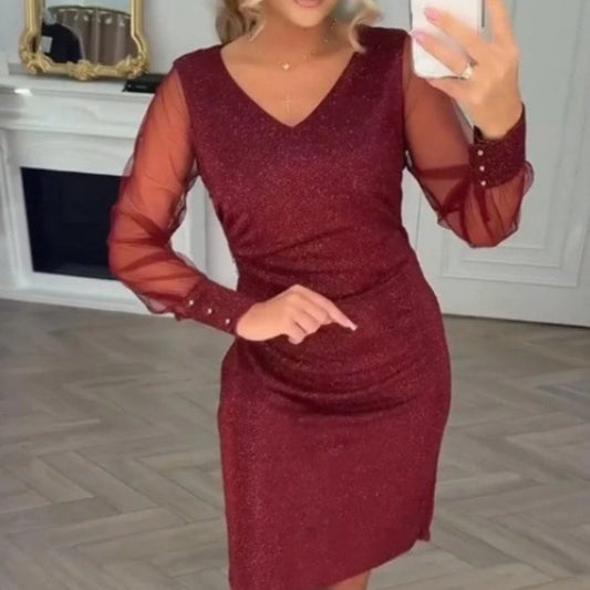 Womens V-neck Bodycon Sexy Mesh Dress