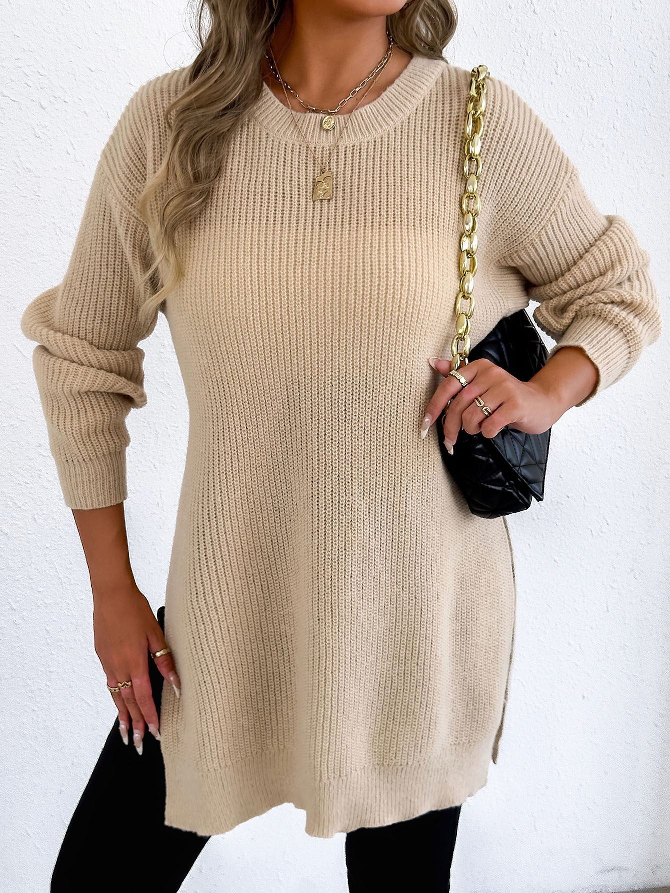 Crew-neck Pullover Slit Sweater