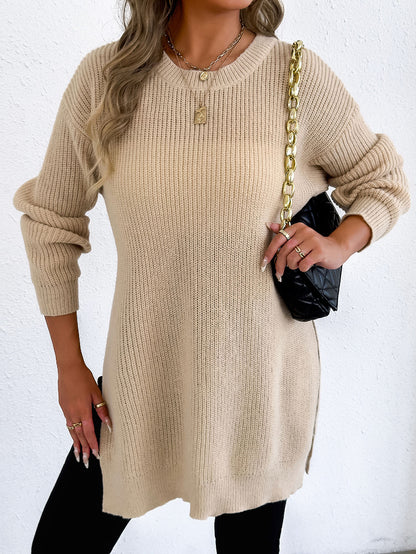 Crew-neck Pullover Slit Sweater