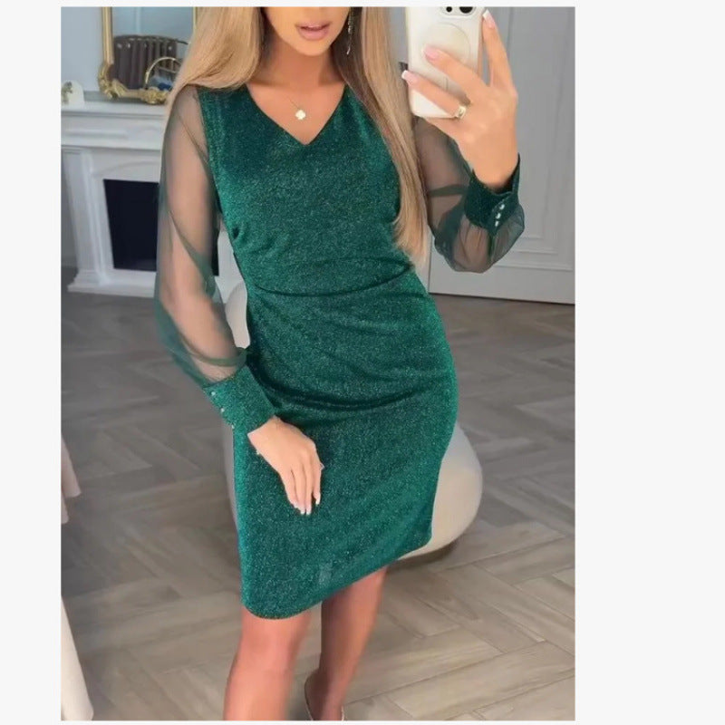 Womens V-neck Bodycon Sexy Mesh Dress
