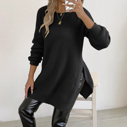 Crew-neck Pullover Slit Sweater