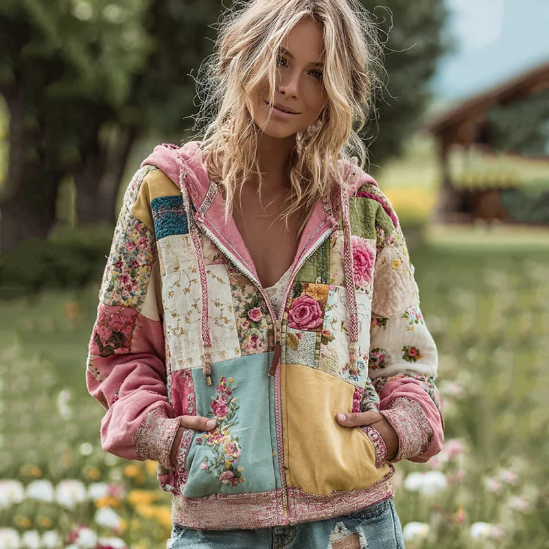 Floral-Print Hooded Sweatshirt Top