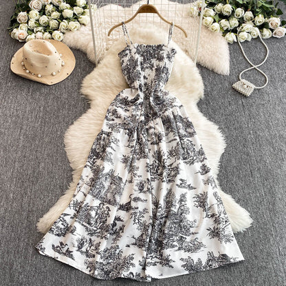 Womens Retro Chiffon Printed Backless Slip Dress