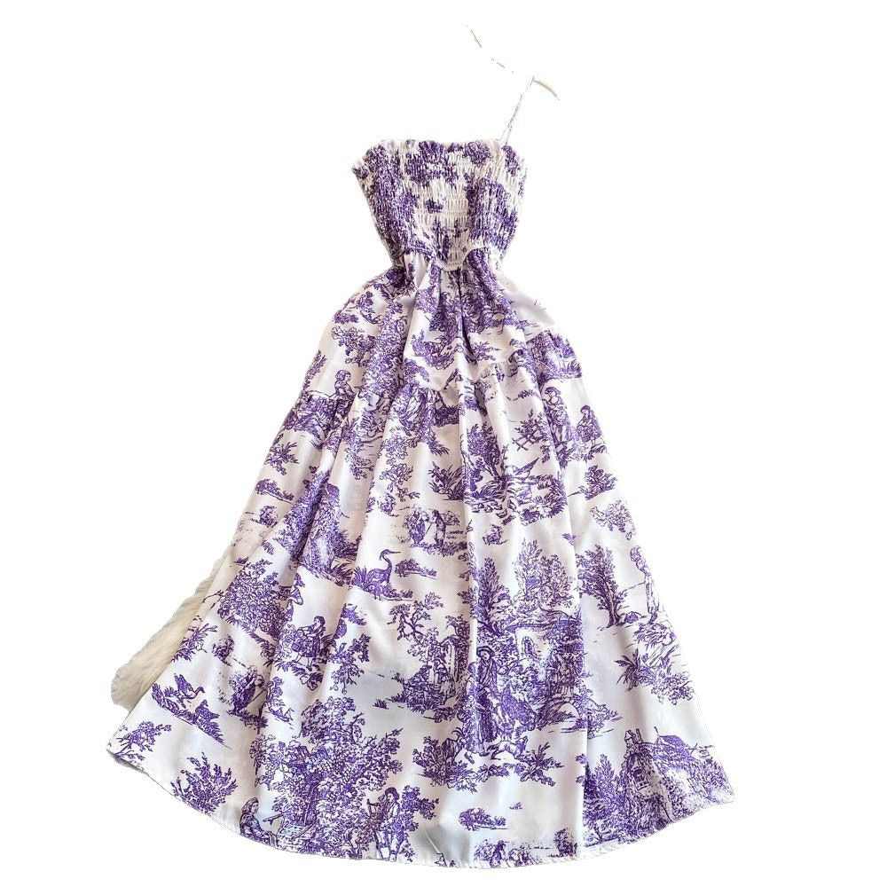 Womens Retro Chiffon Printed Backless Slip Dress