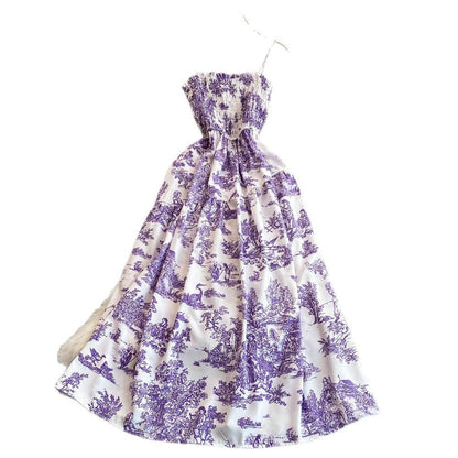 Womens Retro Chiffon Printed Backless Slip Dress