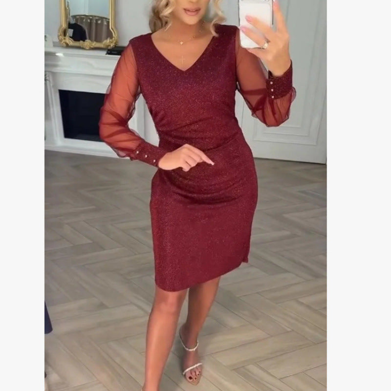 Womens V-neck Bodycon Sexy Mesh Dress